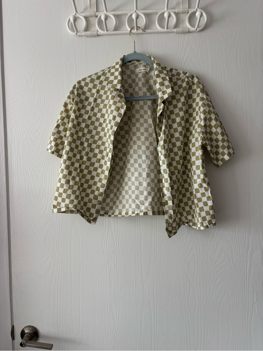 Mod Ref Olive and White Checkerboard Short Sleeve Button-Down